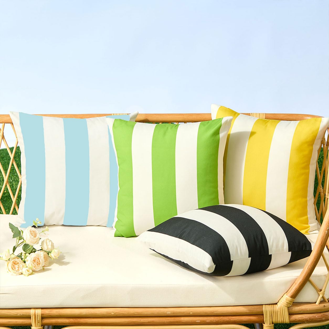 Allorry Outdoor Pillow Covers 20x20 light blue striped on patio furniture