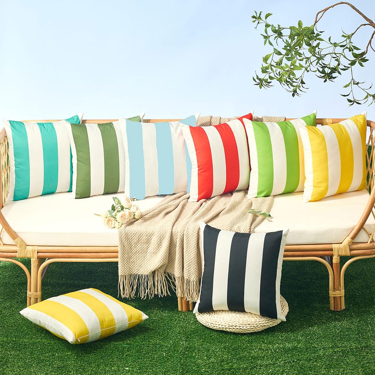 Allorry Outdoor Pillow Covers 20x20 light blue striped package view