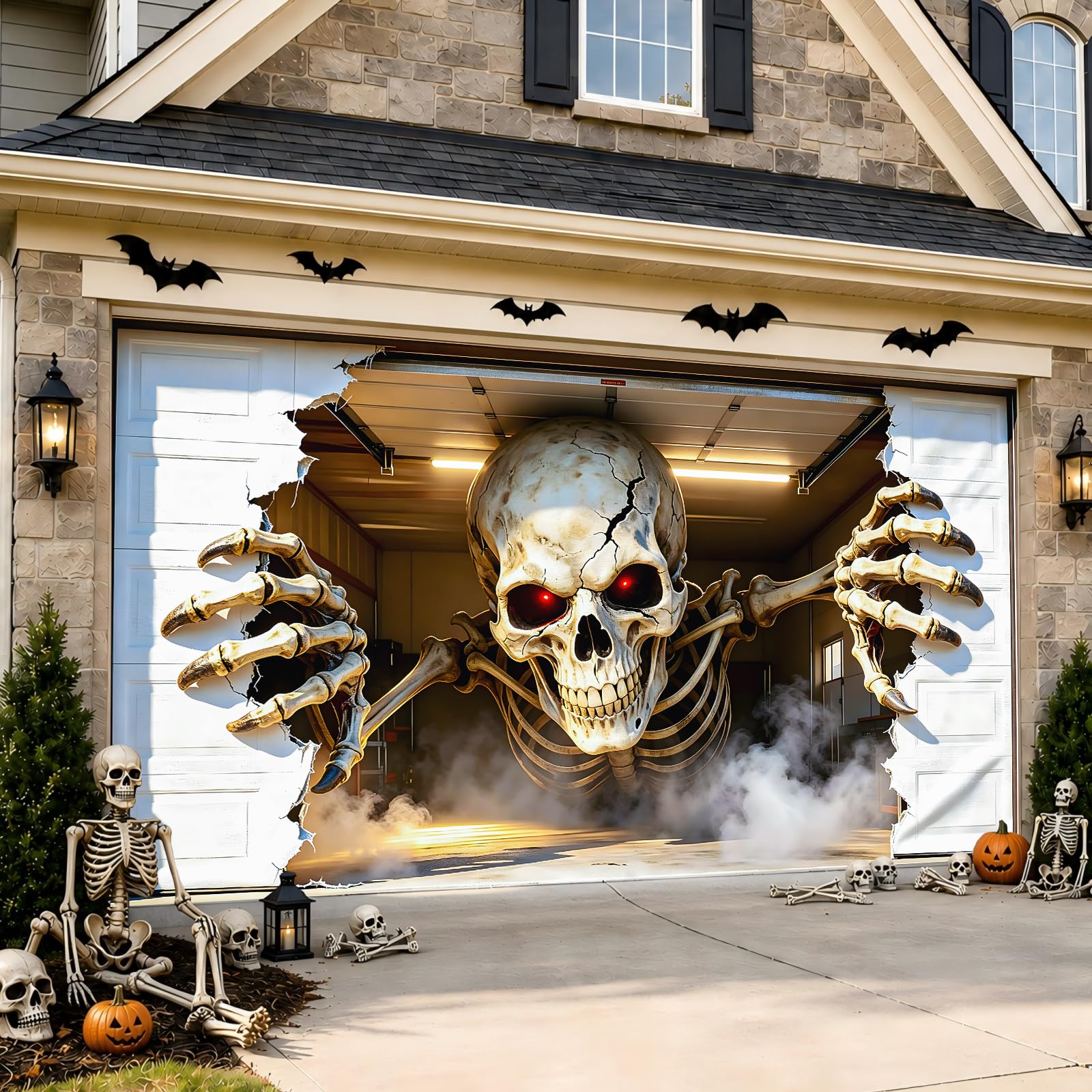 Allotall Halloween Garage Door Cover 16x7 FT front view with 3D skull design