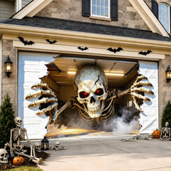 Allotall Halloween Garage Door Cover 16x7 FT front view with 3D skull design