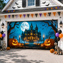Allotall Halloween Garage Door Cover 16x7 FT with spooky castle design