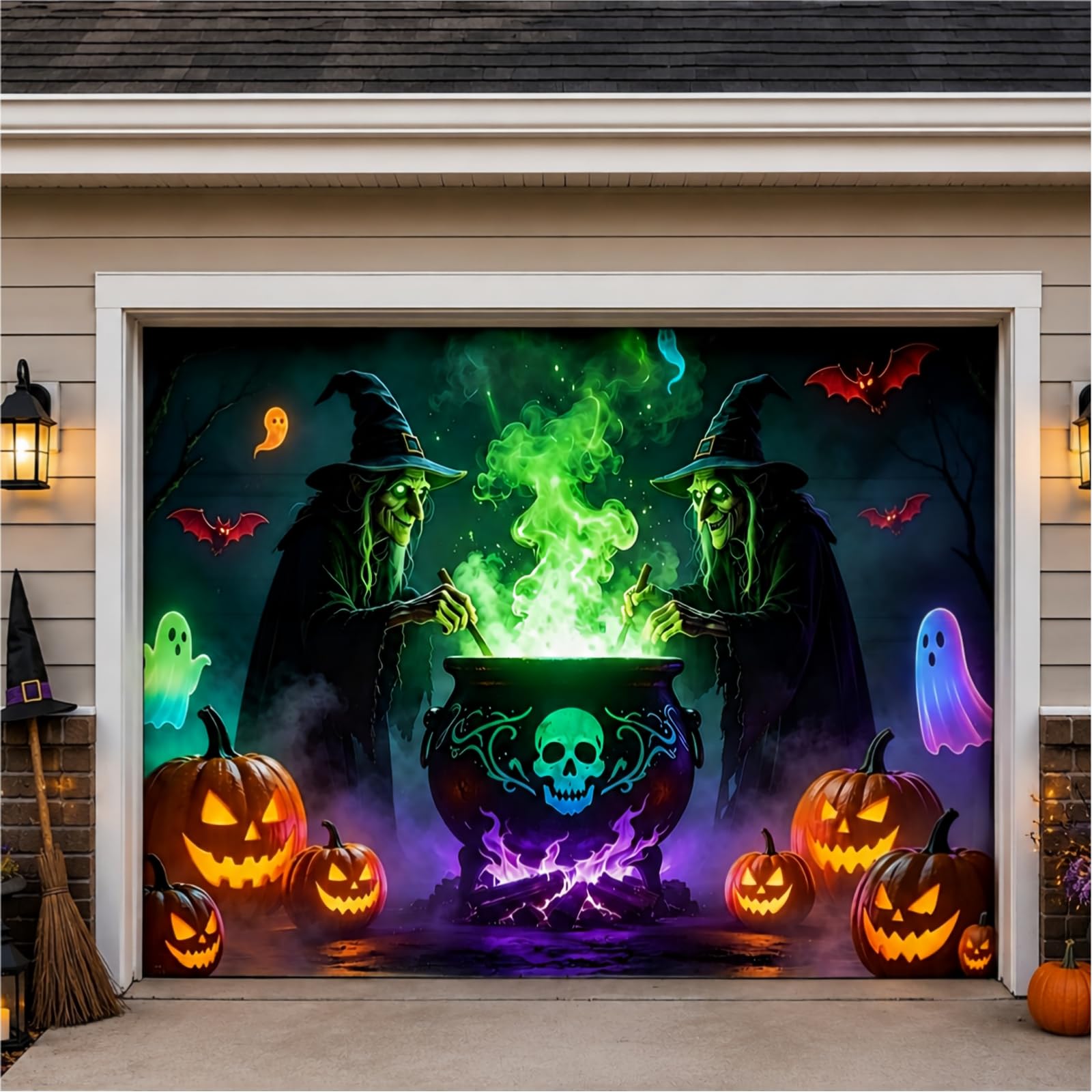 Allotall Halloween Garage Door Cover 8x7 FT featuring witch and pumpkin design