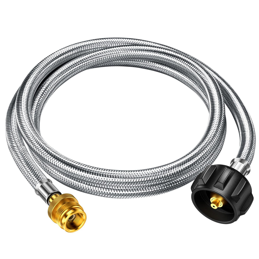 Alloxity 5ft propane hose adapter front view with brass fittings