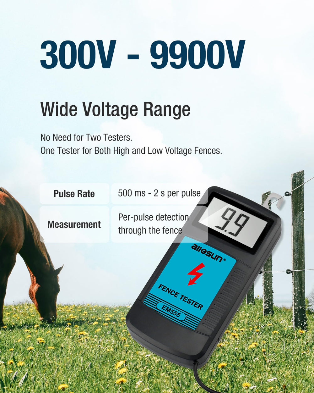 allsun Electric Fence Tester EM555 side view with measurement scale