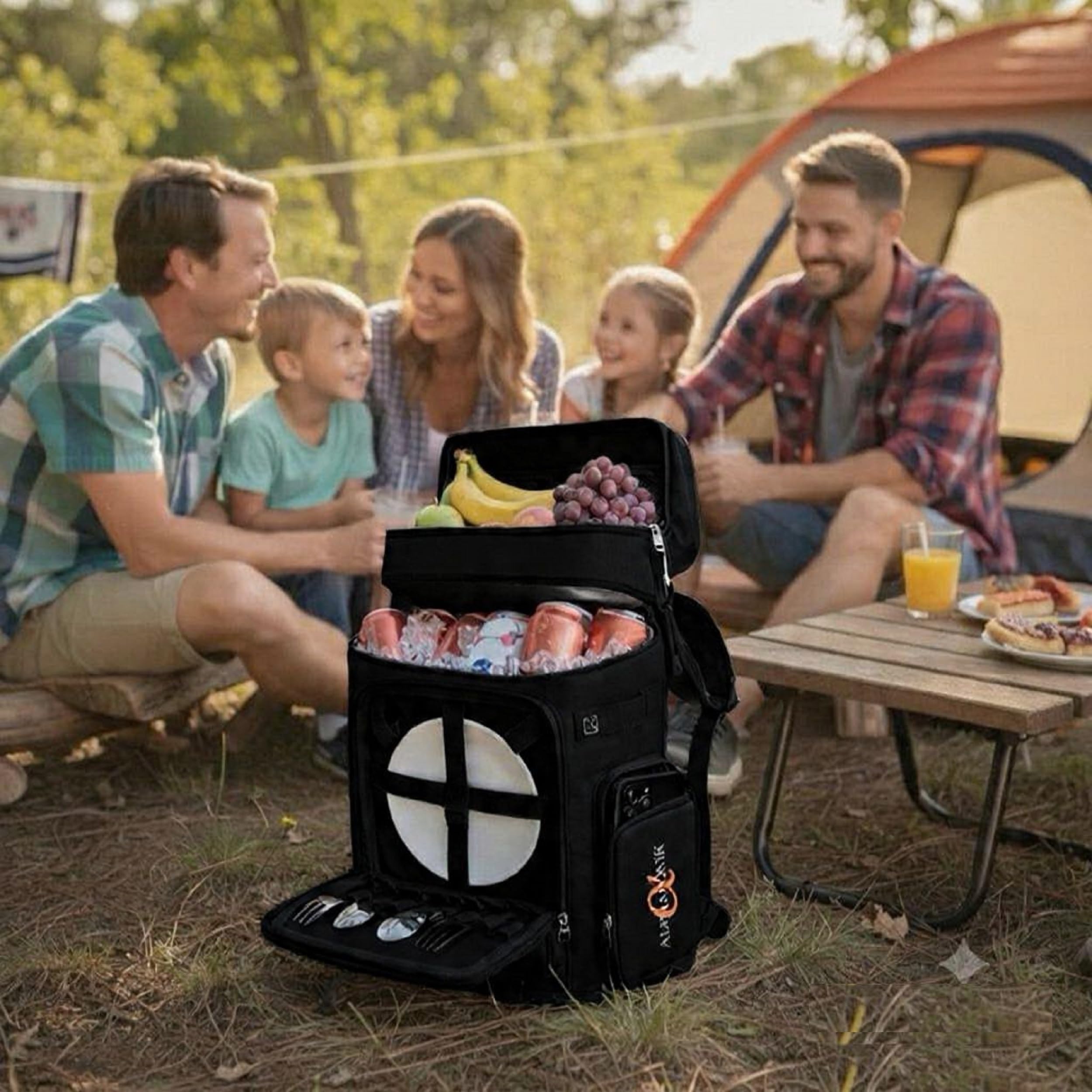 Alphasonik Cooler Backpack on a picnic table outdoors