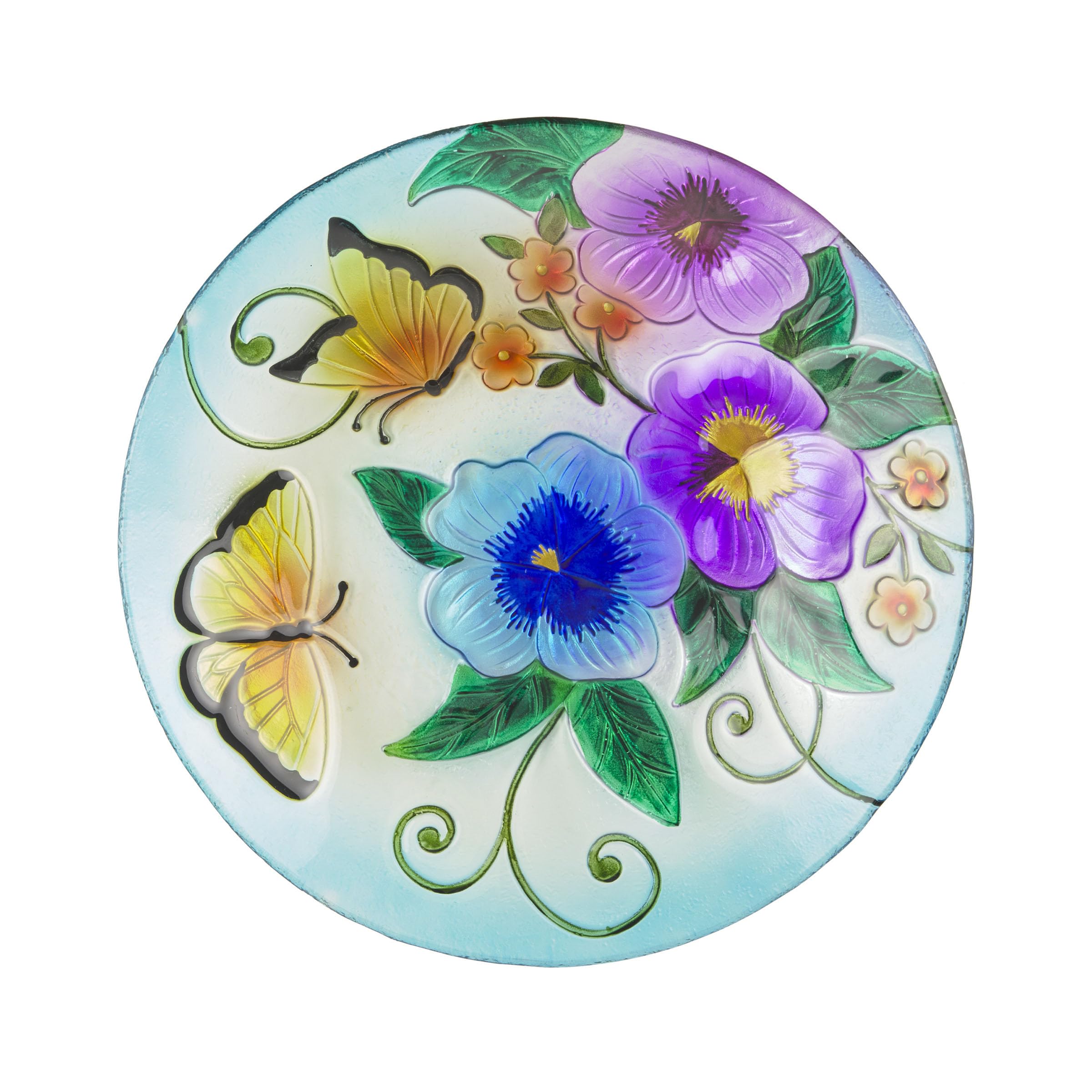 Alpine 18-inch glass birdbath bowl with colorful butterfly design