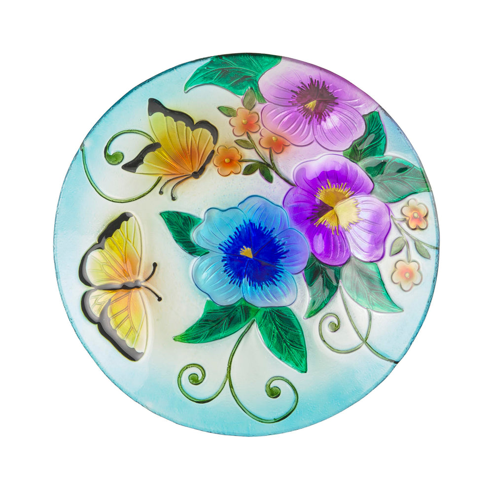 Alpine 18-inch glass birdbath bowl with colorful butterfly design