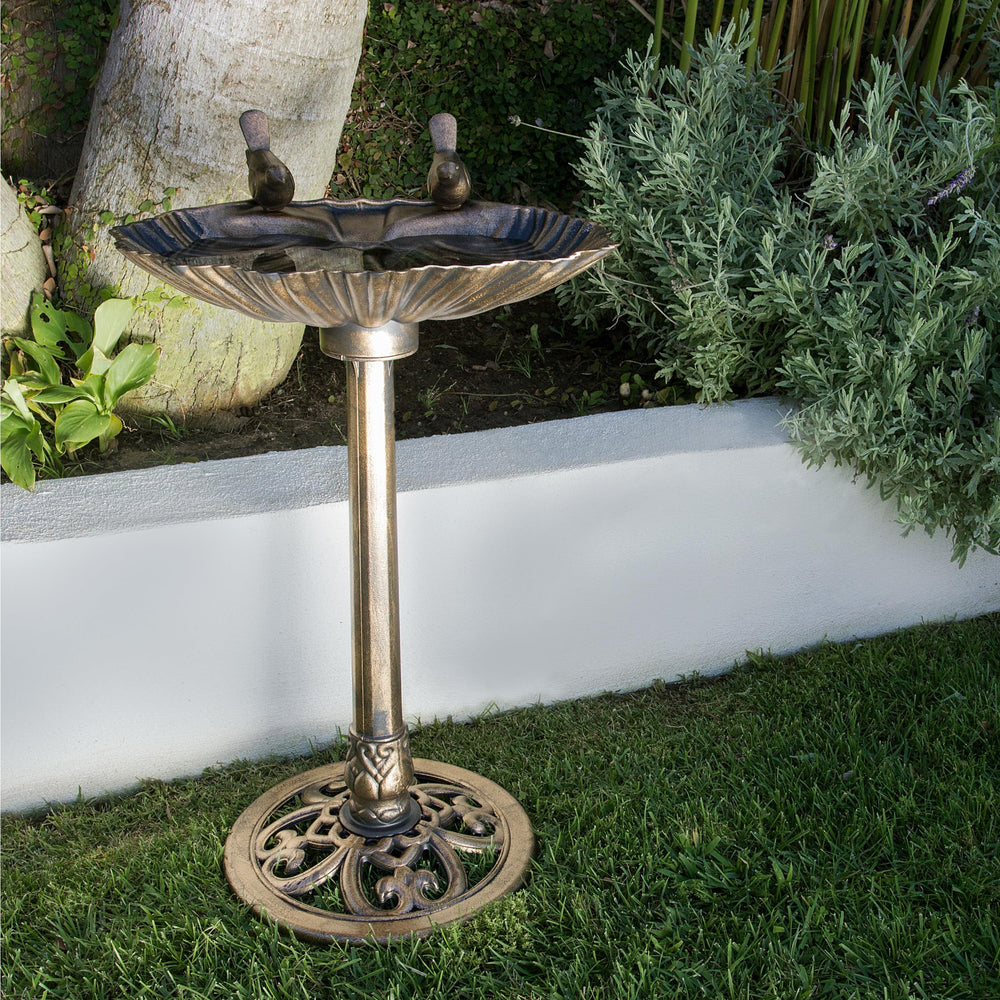 Alpine Bronze Birdbath side view showcasing shallow bowl
