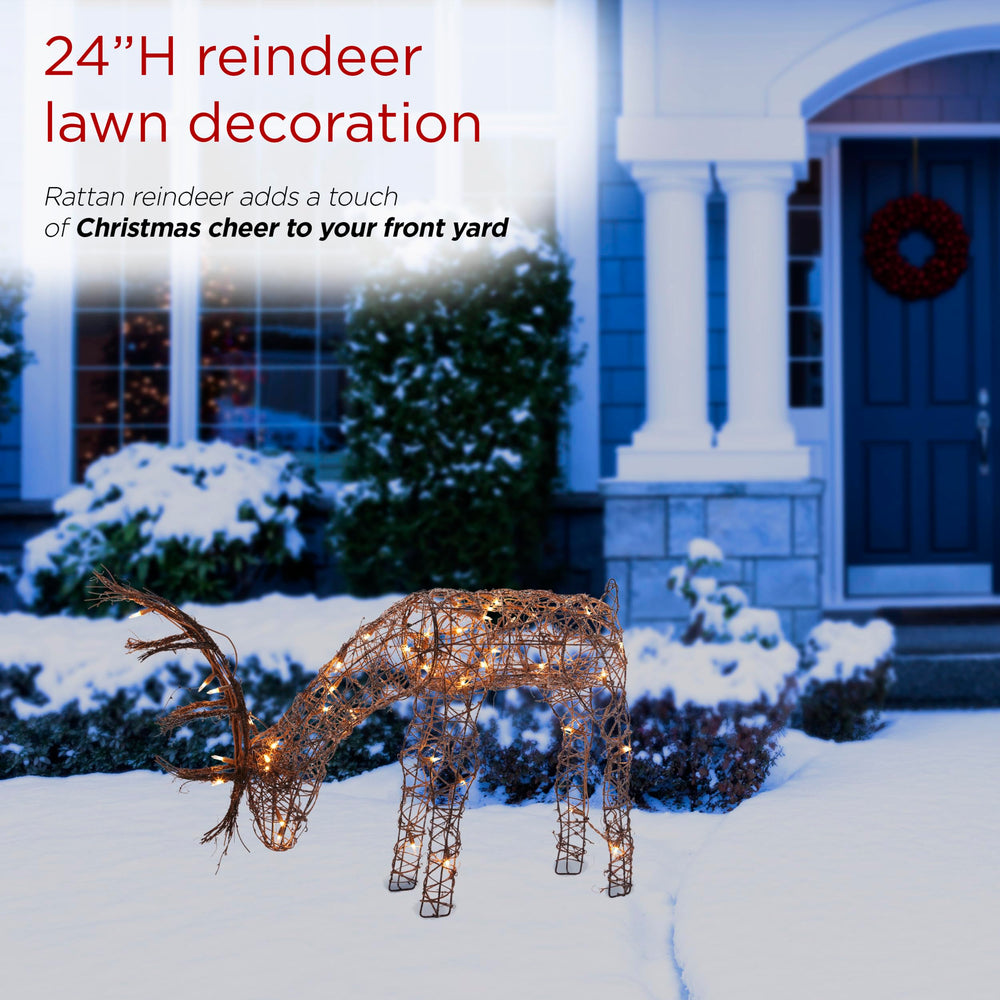 Alpine Corporation Rattan Grazing Reindeer with packaging details