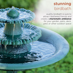 Alpine fountain in a garden setting with birds