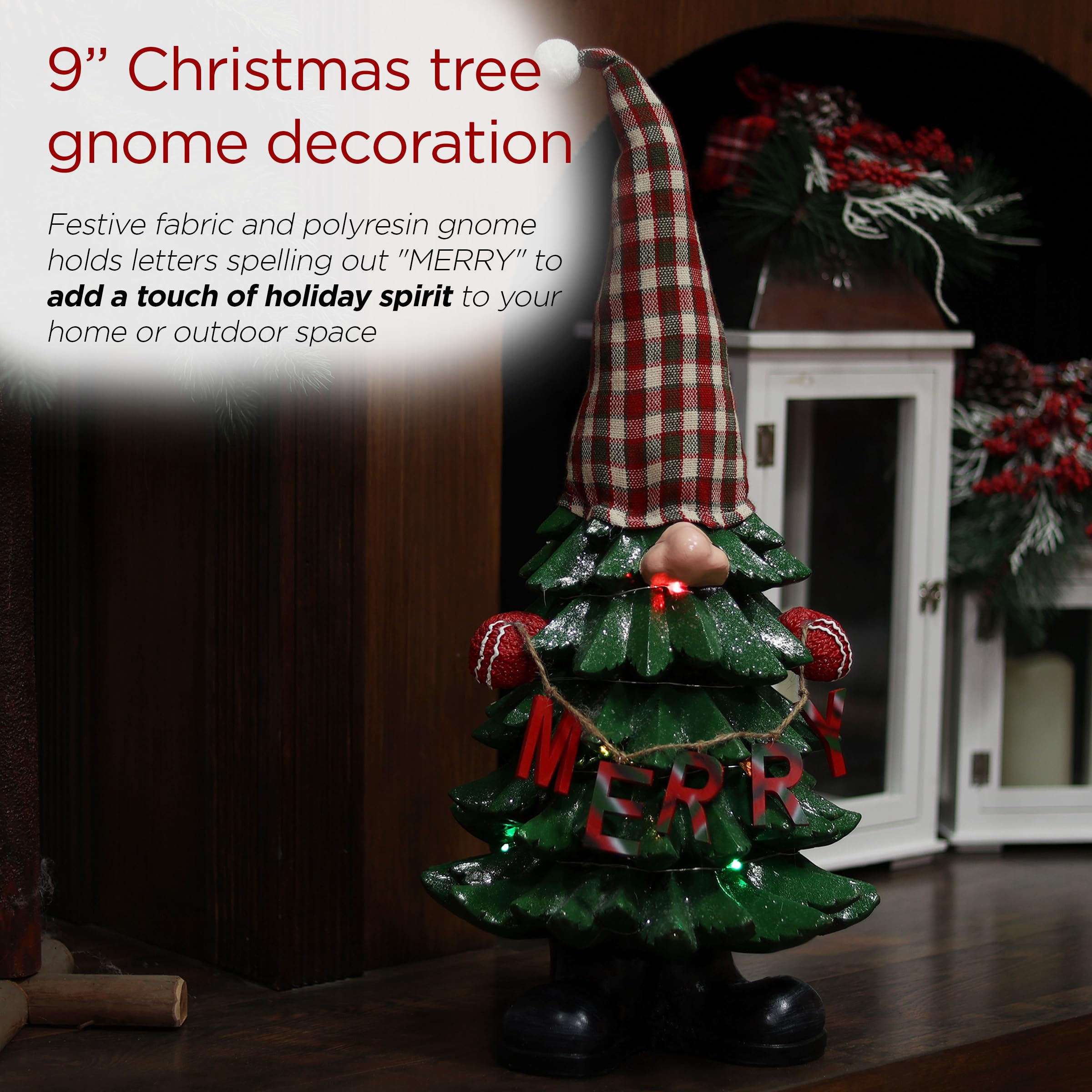 Alpine Gnome Statue illuminated with color-changing LED lights