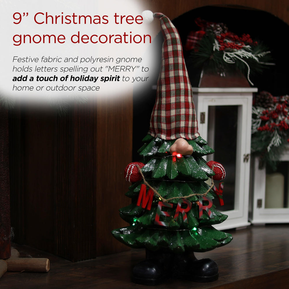 Alpine Gnome Statue illuminated with color-changing LED lights