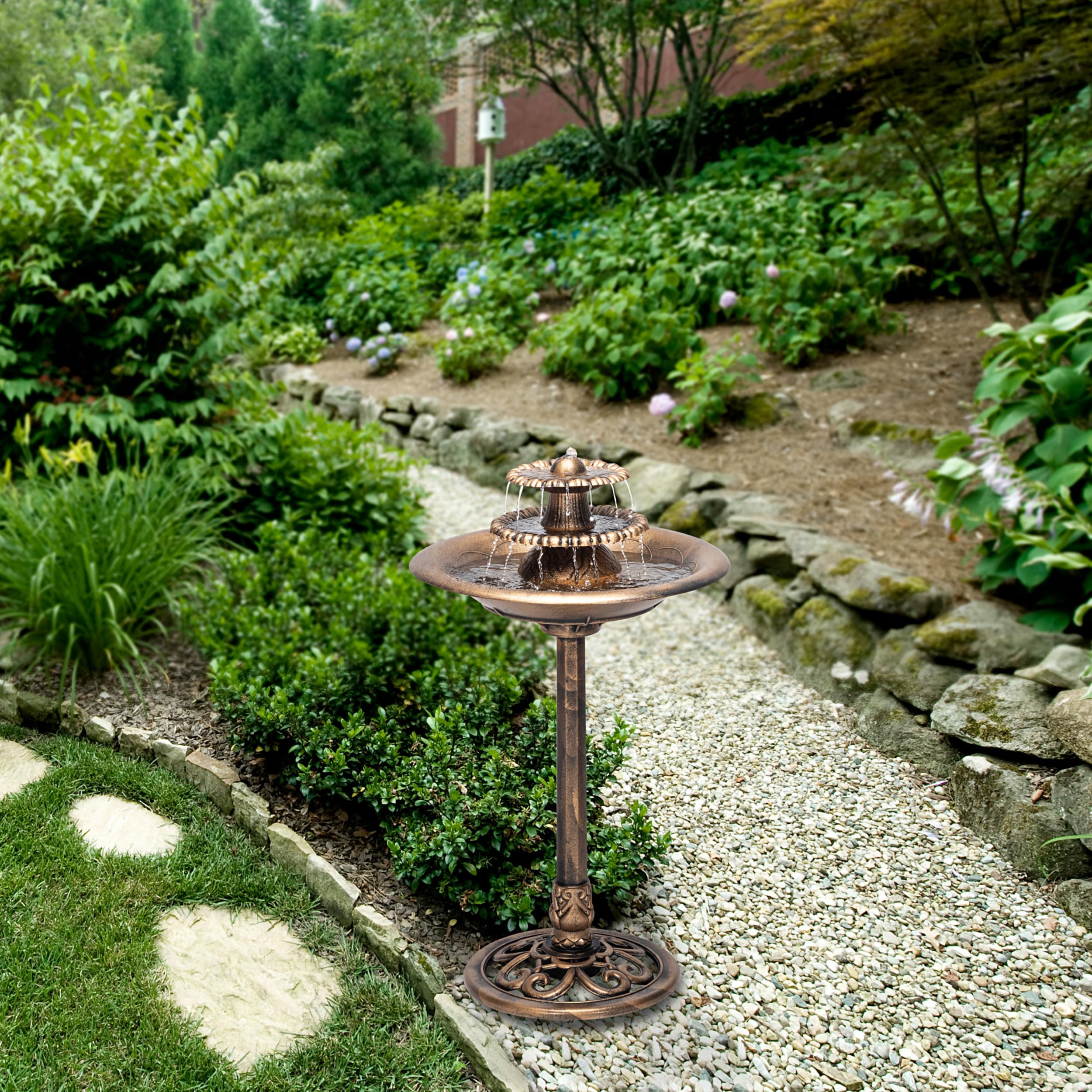 Alpine outdoor water fountain close-up of cascading tiers