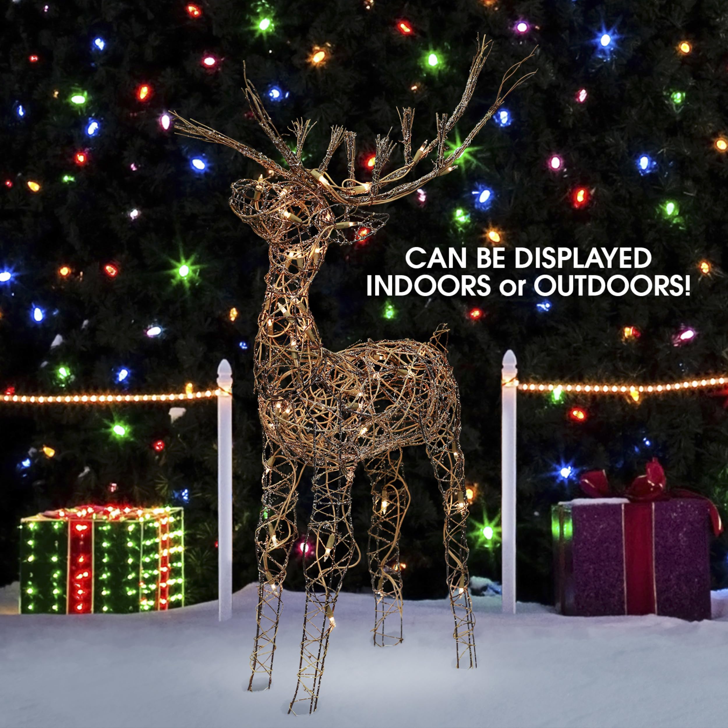 Alpine Rattan Reindeer displayed in a festive garden setting