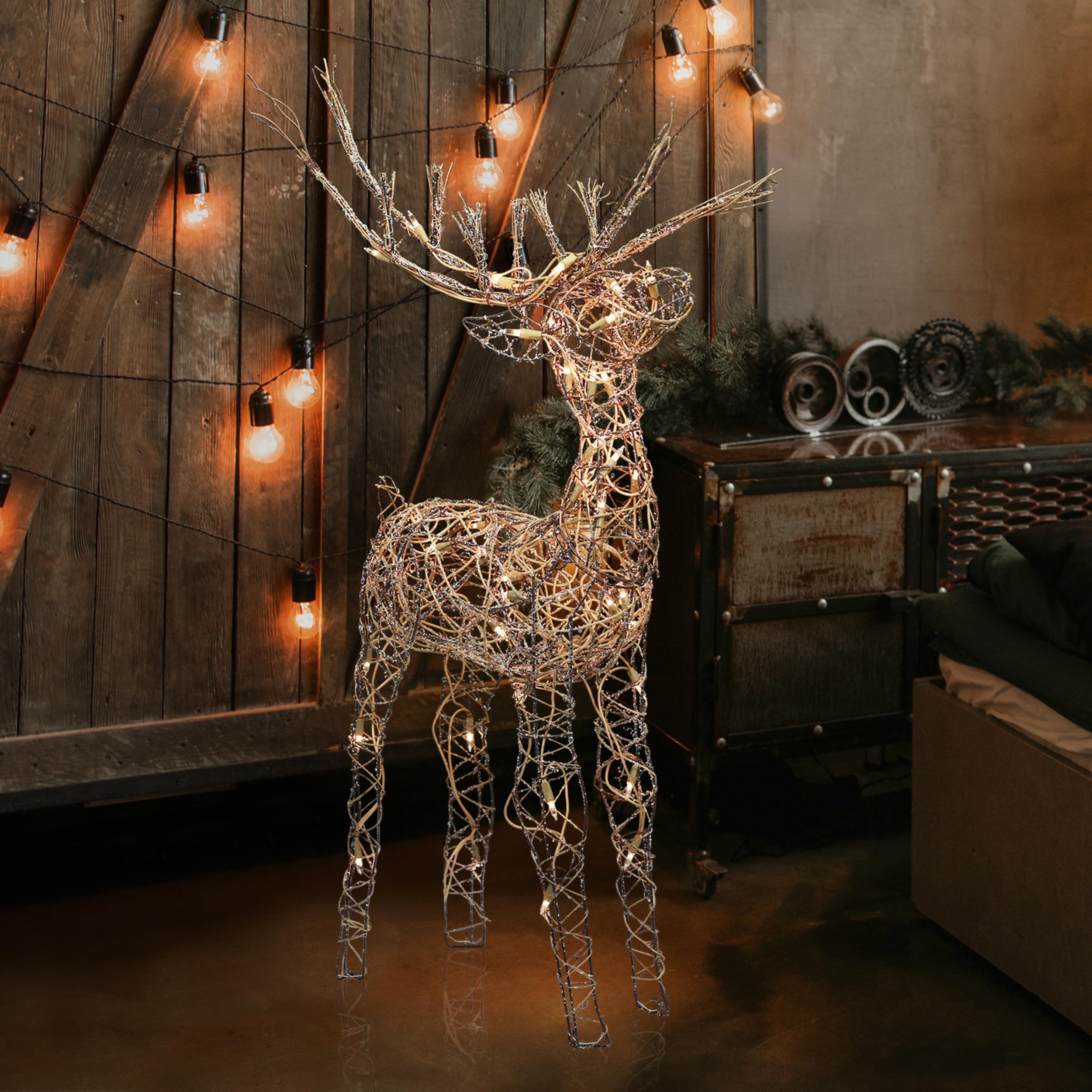 Alpine Rattan Reindeer with 50 warm LED lights lit up
