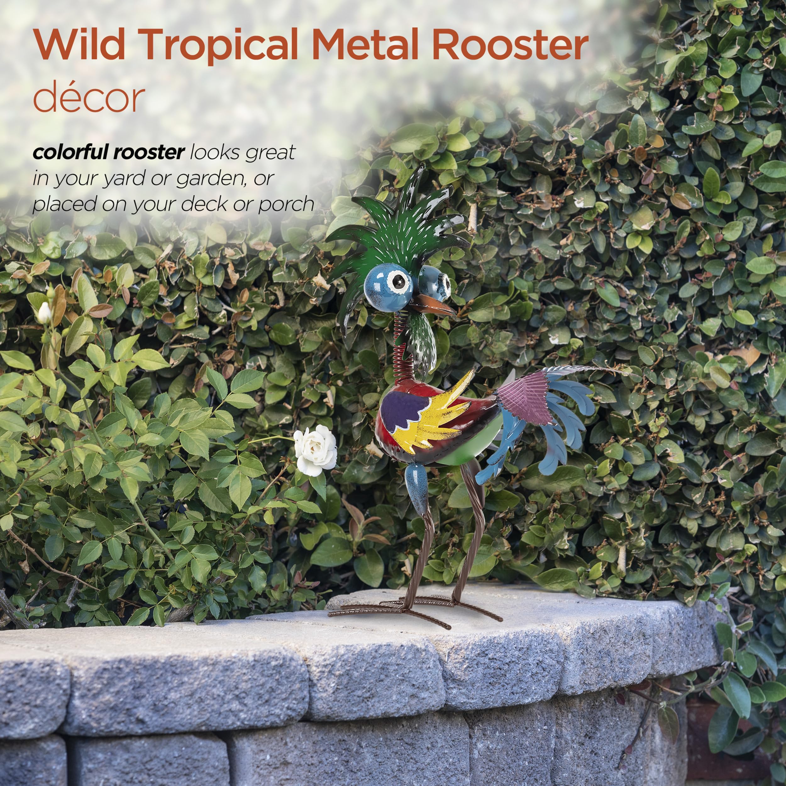 Alpine Tropical Rooster Statue displayed in a garden setting