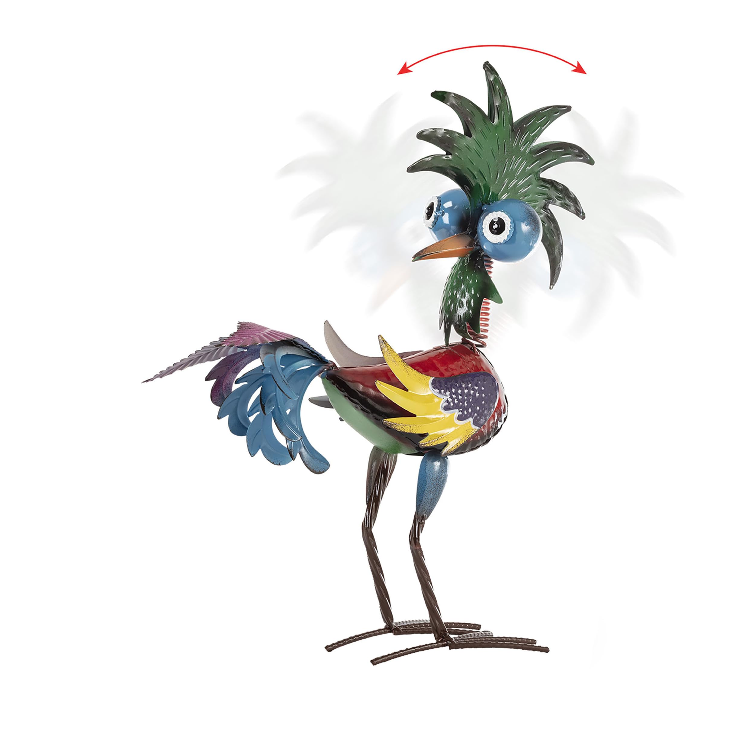 Alpine Tropical Rooster Statue with lush greenery in background