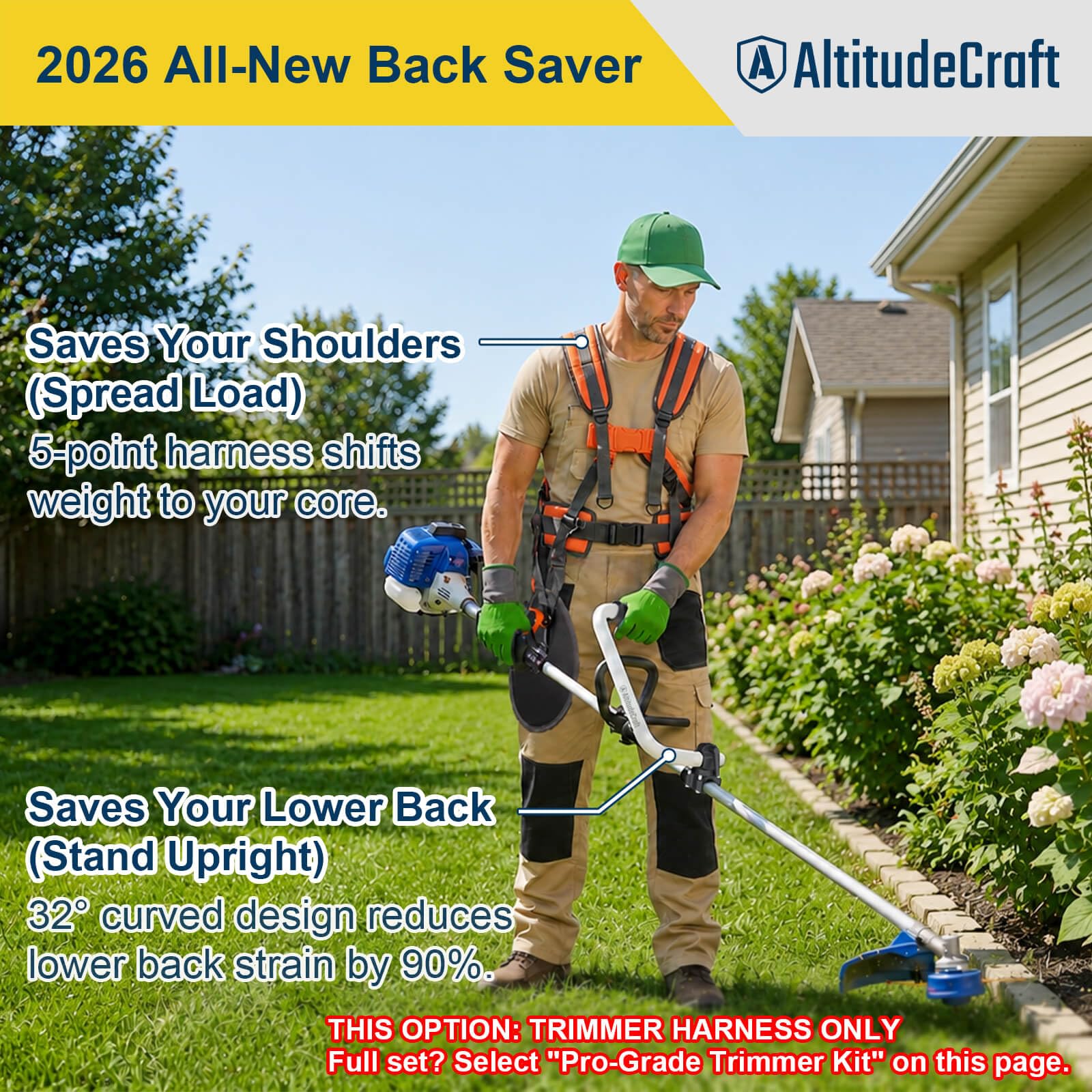 AltitudeCraft 5-point trimmer harness side view showing padded straps