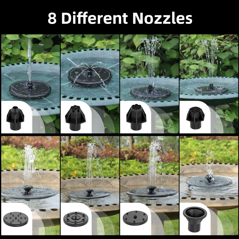 ALUKIKI Solar Fountain with seven nozzles displayed on a bird bath