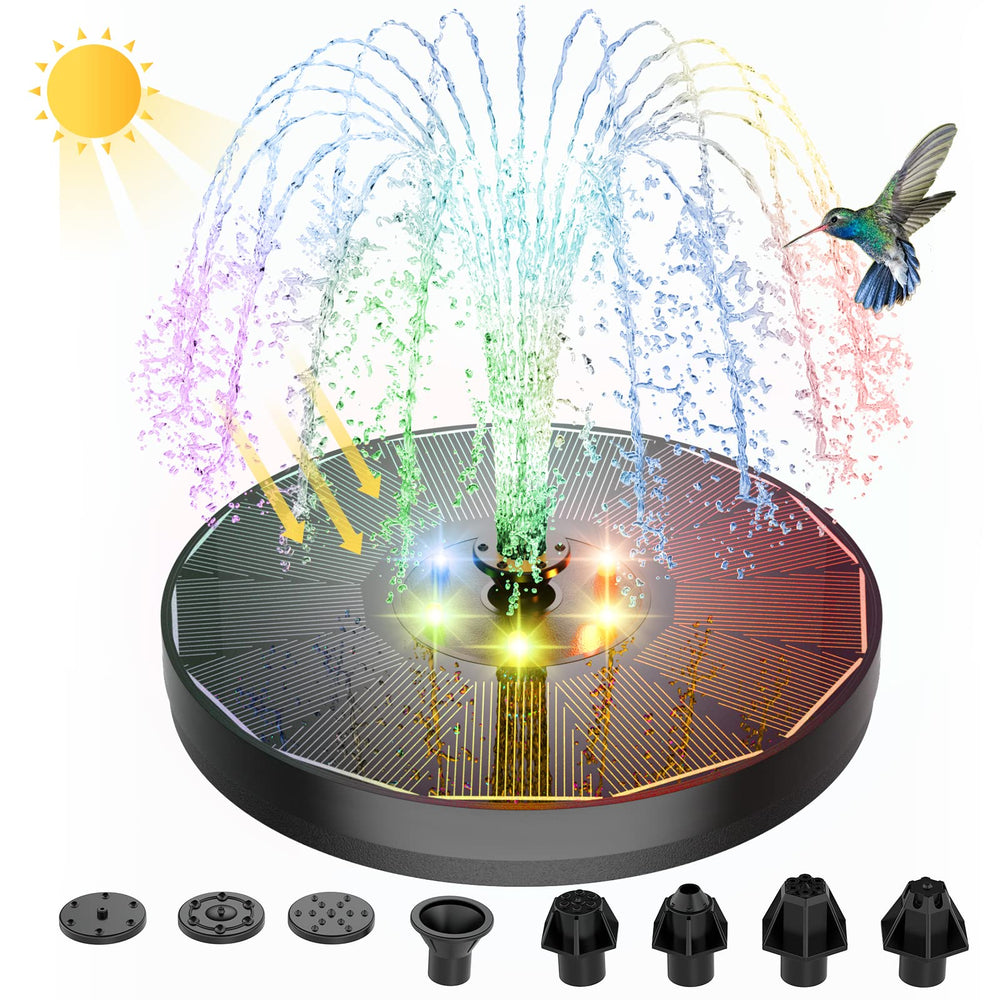 ALUKIKI Solar Powered Fountain black model front view with LED lights