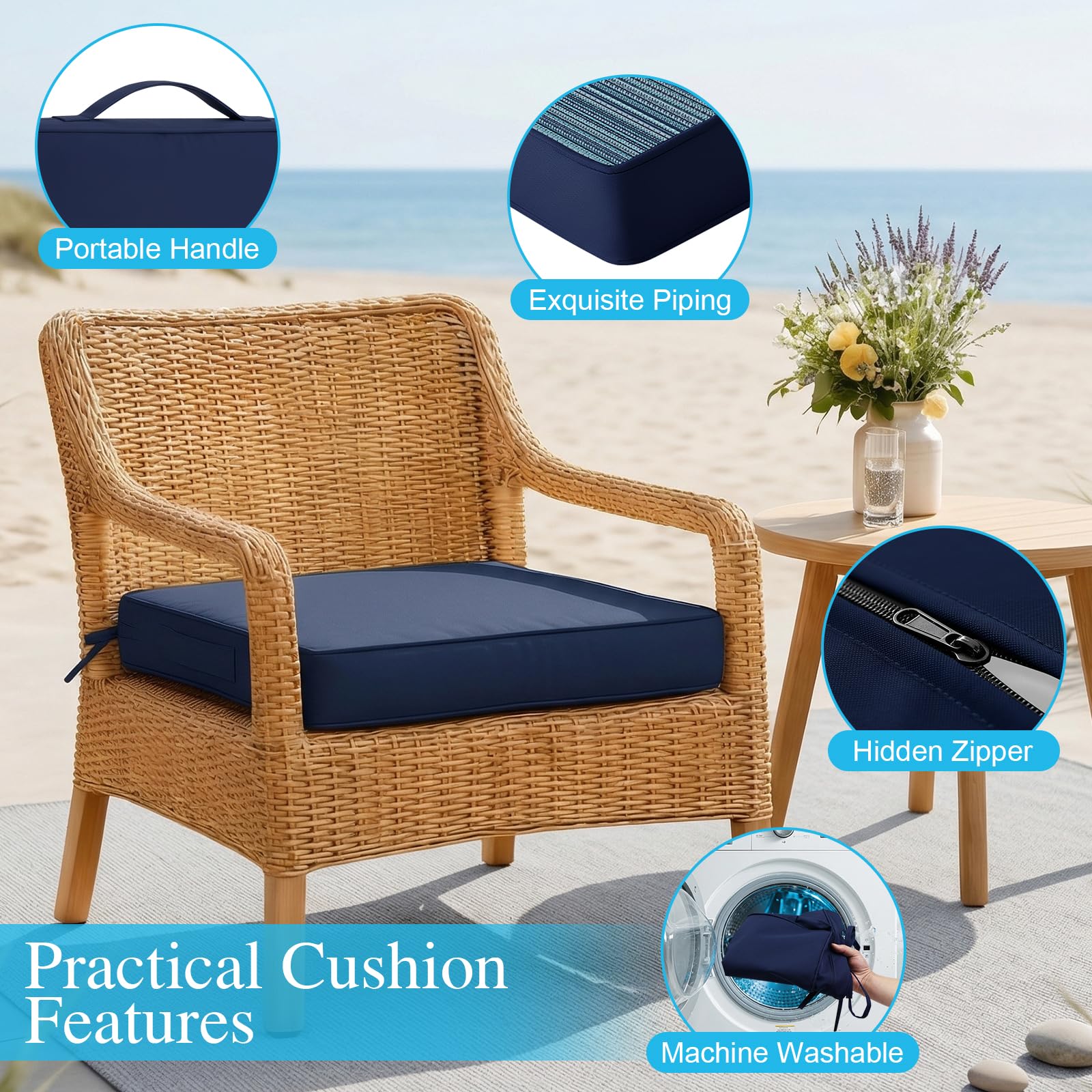 Amagenix navy blue chair cushion placed on a patio chair