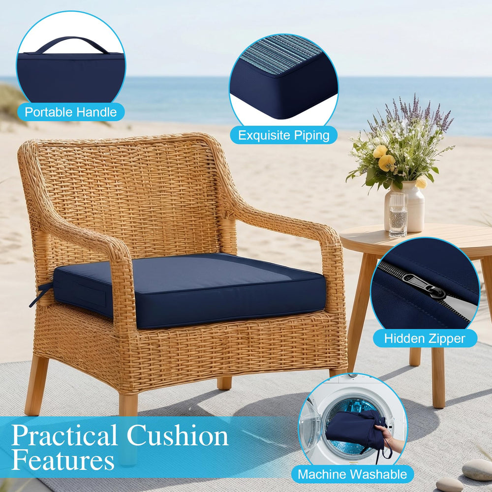 Amagenix navy blue chair cushion placed on a patio chair