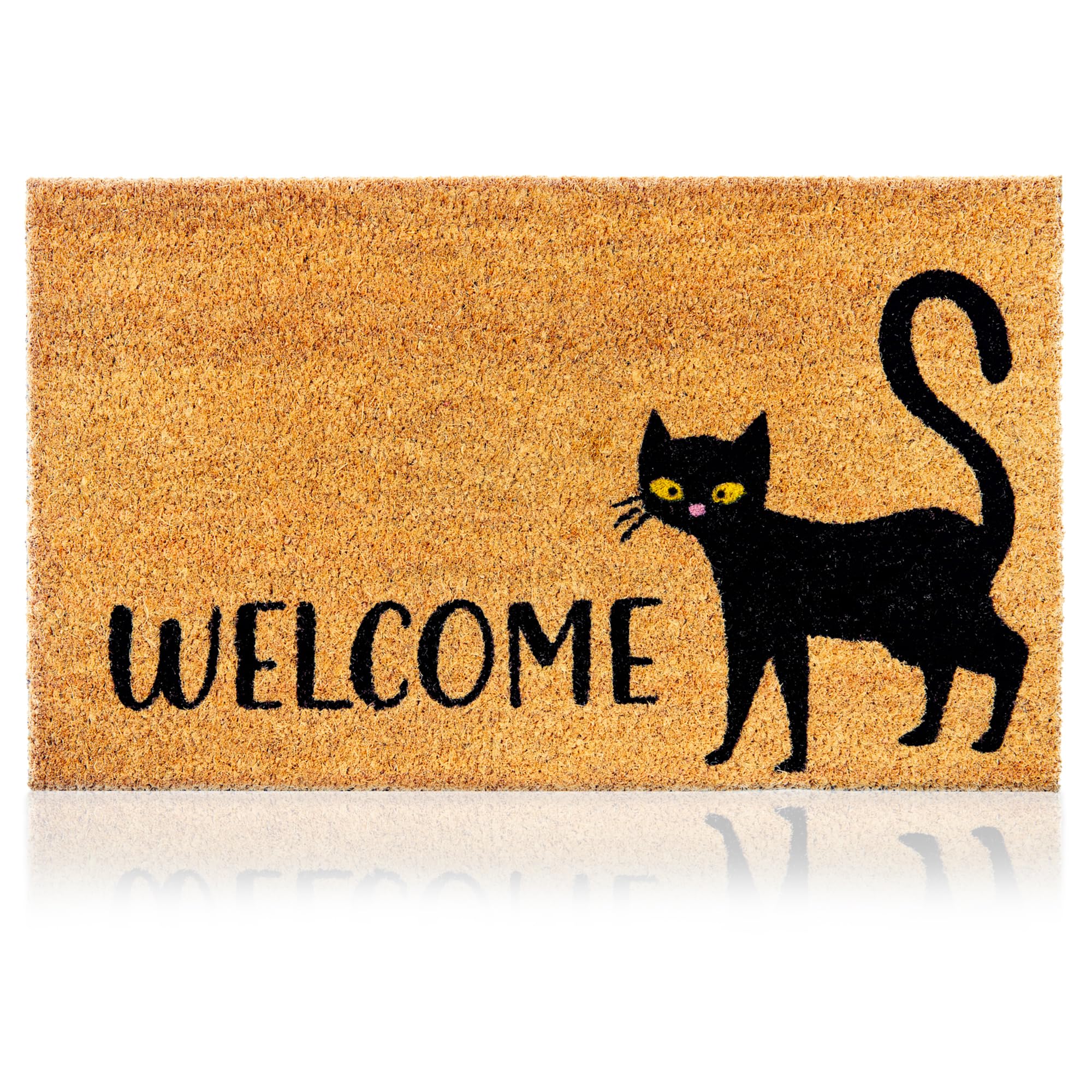 AMARU Coir Welcome Mat featuring a black cat design front view