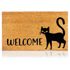 AMARU Coir Welcome Mat featuring a black cat design front view