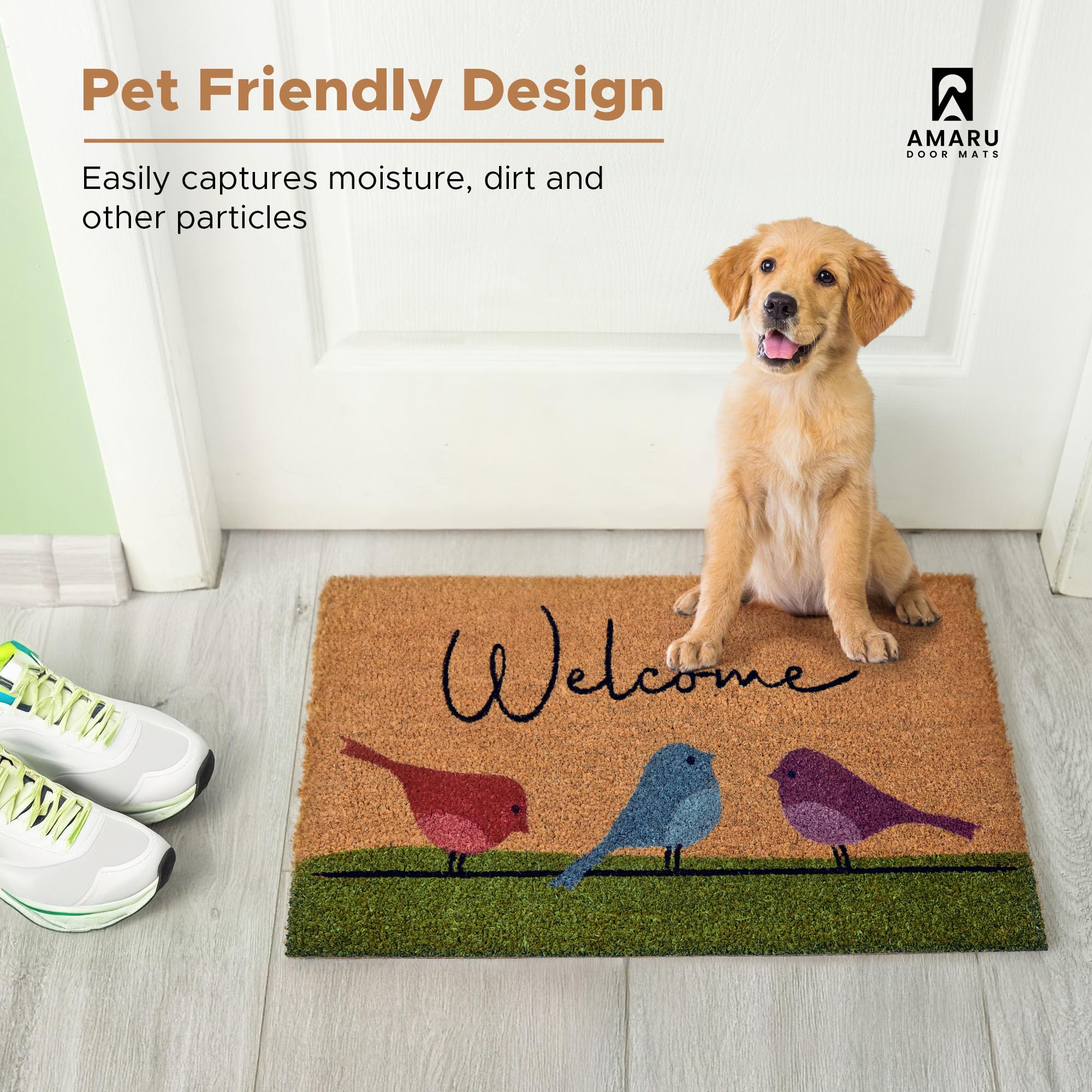 AMARU DOOR MATS Coir Welcome Mat displayed on a patio