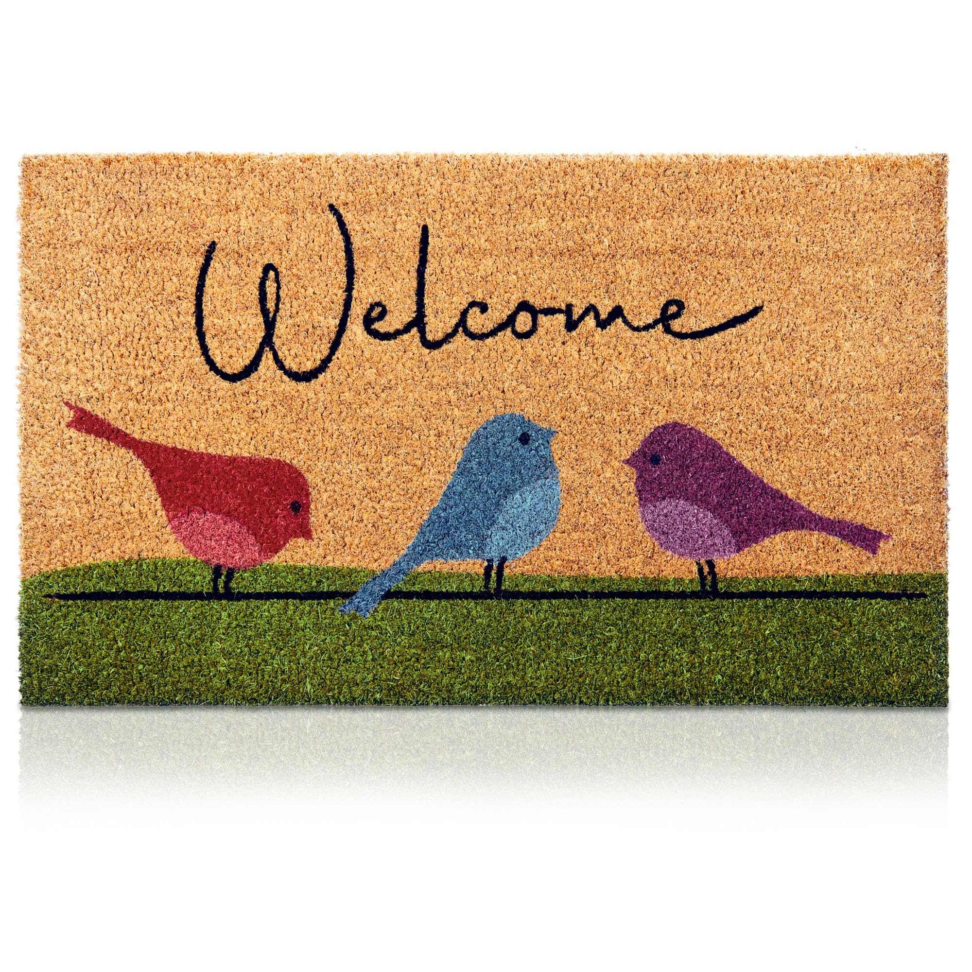 AMARU DOOR MATS Coir Welcome Mat front view with colorful birds design