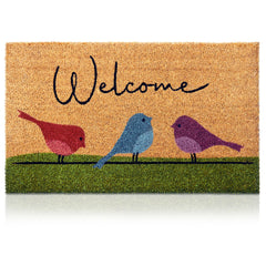 AMARU DOOR MATS Coir Welcome Mat front view with colorful birds design