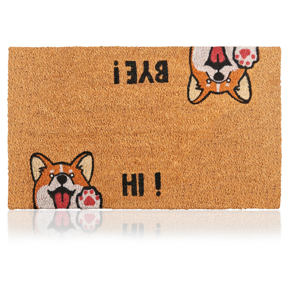 AMARU DOOR MATS Coir Welcome Mat front view with Hi-Bye Dog design