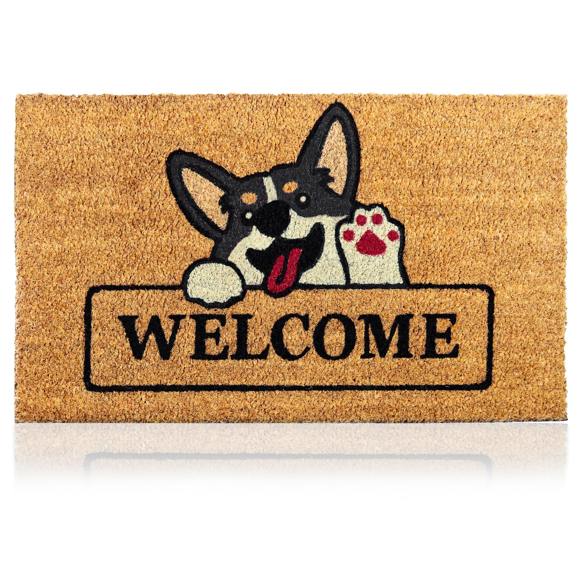 AMARU DOOR MATS Coir Welcome Mat front view with Welcome Dog design