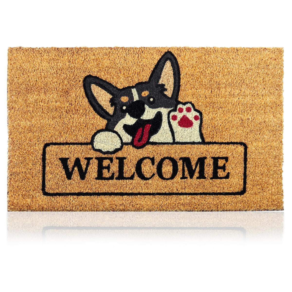 AMARU DOOR MATS Coir Welcome Mat front view with Welcome Dog design
