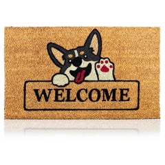 AMARU DOOR MATS Coir Welcome Mat front view with Welcome Dog design