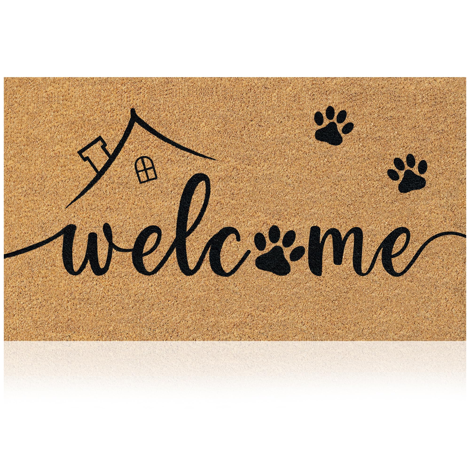 AMARU DOOR MATS Coir Welcome Mat front view with Welcome Paws design