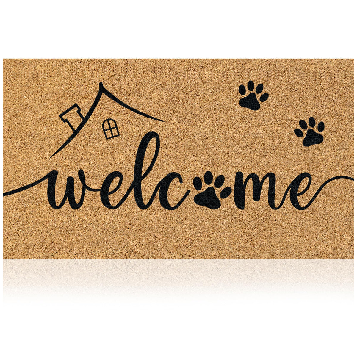 AMARU DOOR MATS Coir Welcome Mat front view with Welcome Paws design