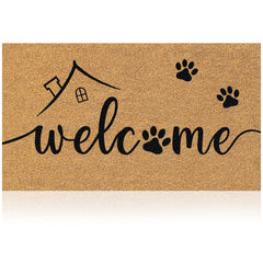 AMARU DOOR MATS Coir Welcome Mat front view with Welcome Paws design