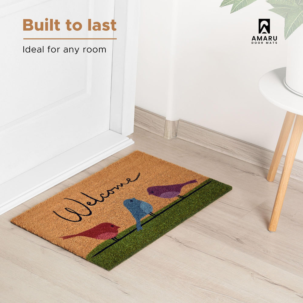AMARU DOOR MATS Coir Welcome Mat showcasing colorful bird patterns