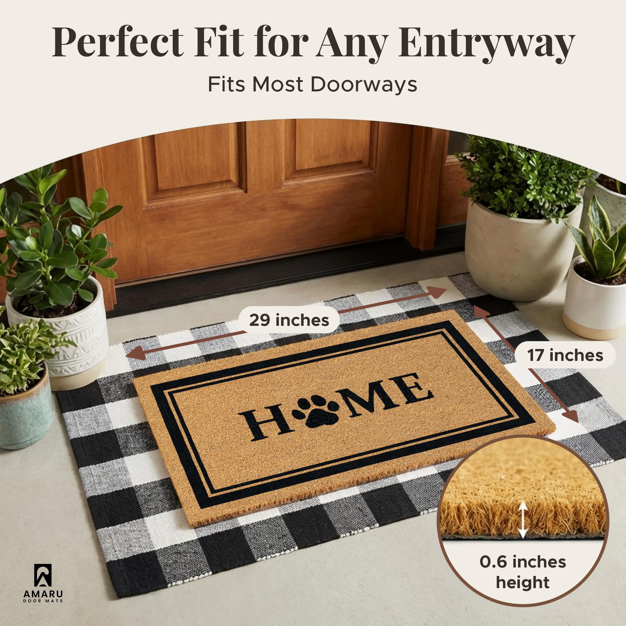 AMARU DOOR MATS Coir Welcome Mat side view showing non-slip backing