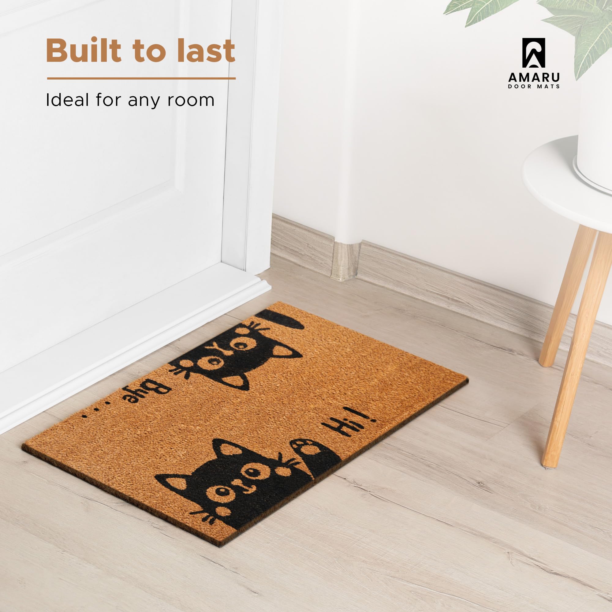 AMARU DOOR MATS Hi-Bye Cat welcome mat back view showing non-slip backing