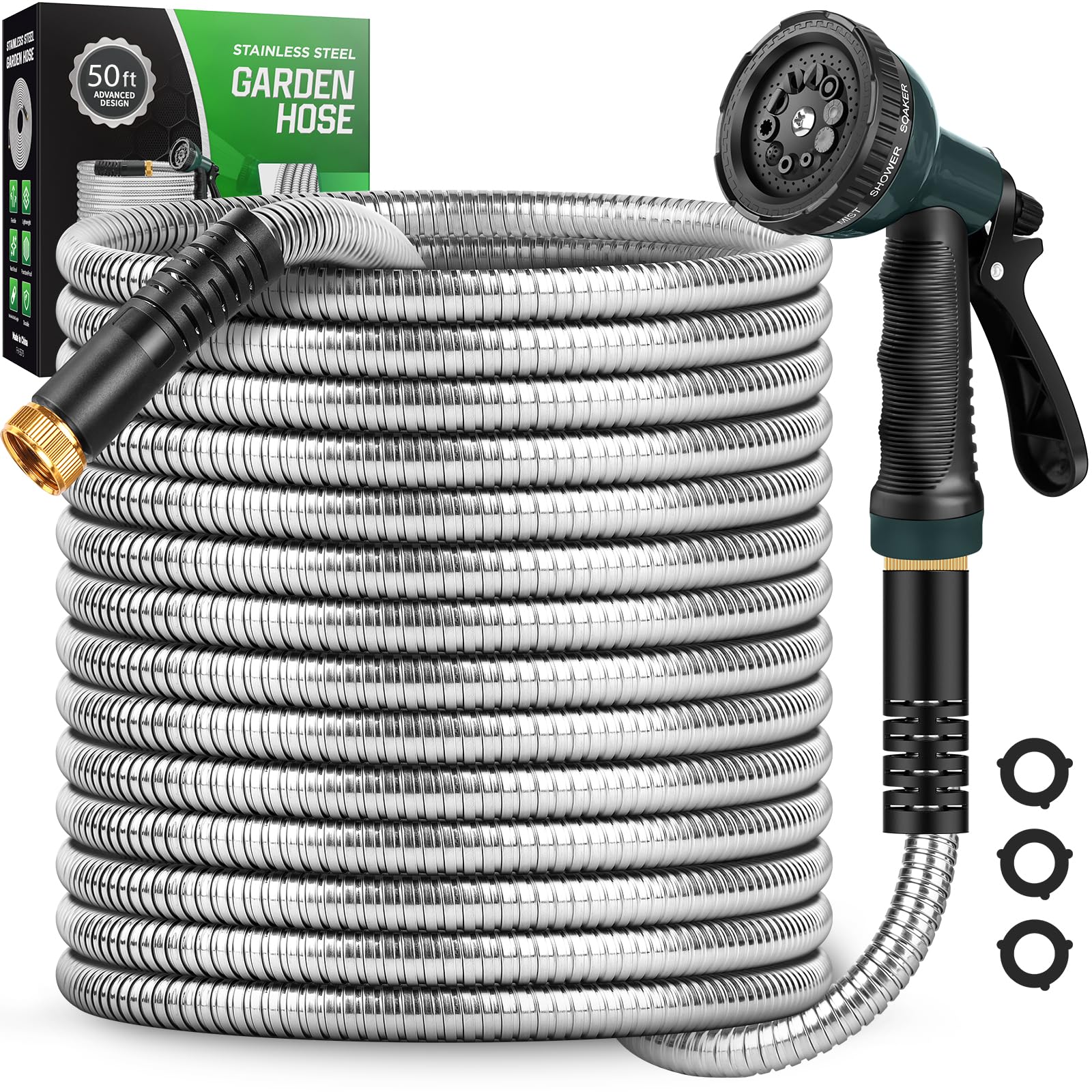 Amayrose 50 FT Metal Garden Hose with 10-function nozzle