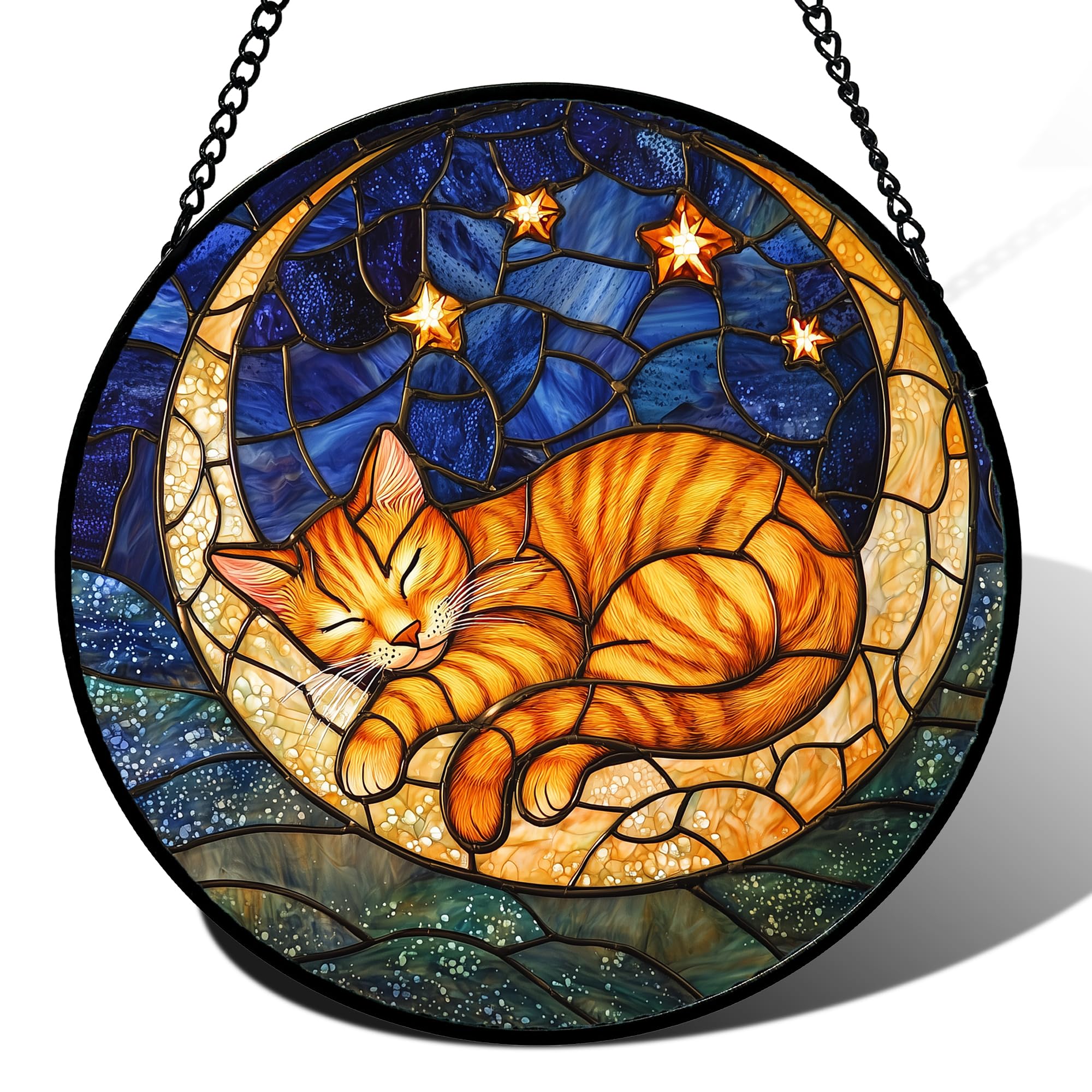 AMDERVEN 12-inch Orange Cat Moon stained glass suncatcher front view