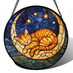 AMDERVEN 12-inch Orange Cat Moon stained glass suncatcher front view