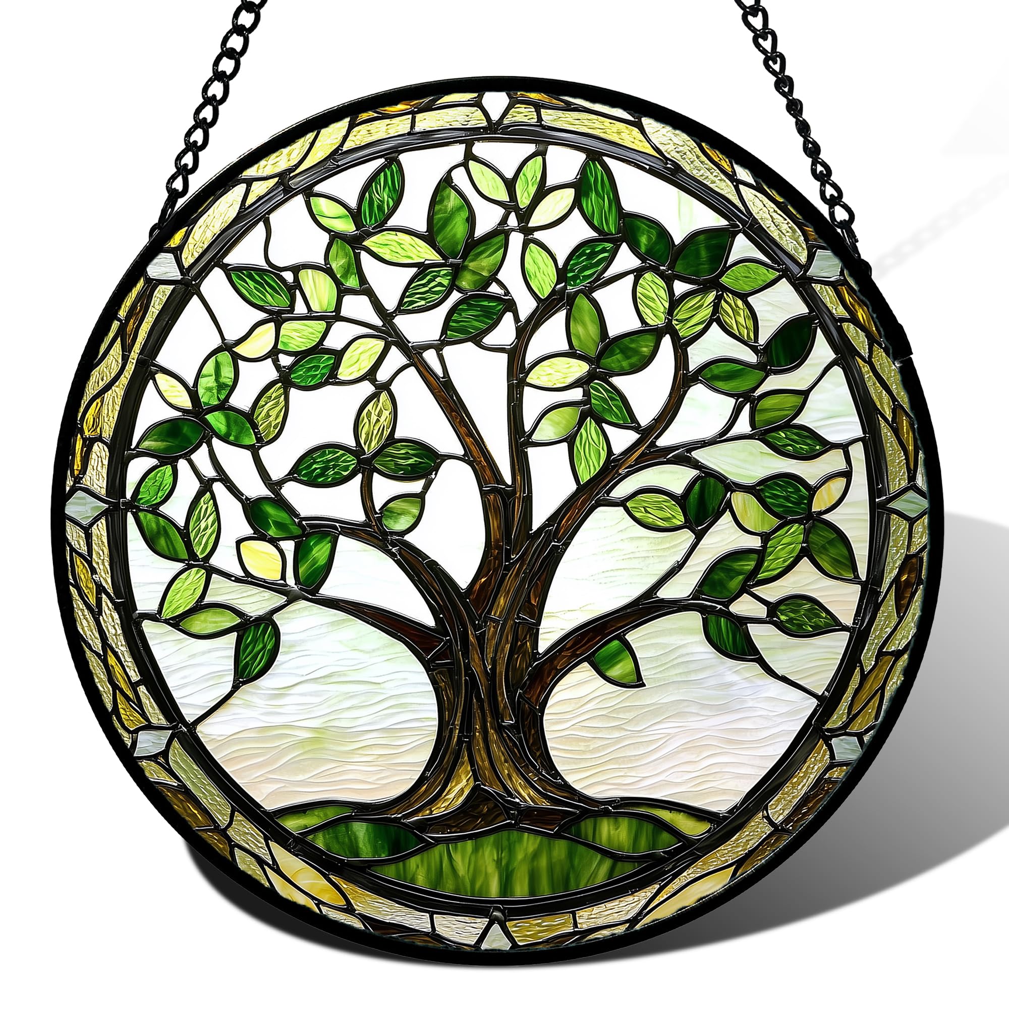AMDERVEN Green Tree of Life Stained Glass Suncatcher front view
