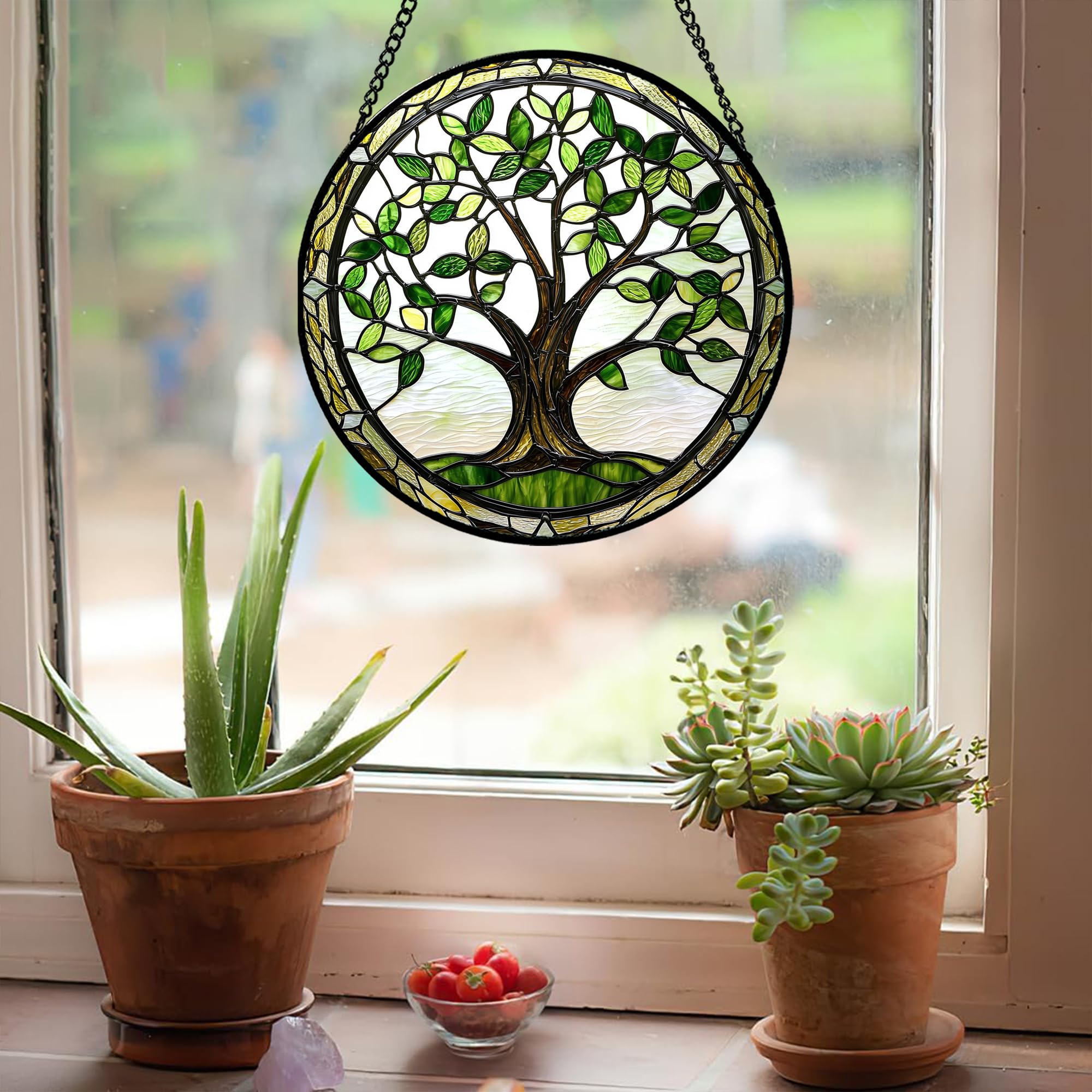 AMDERVEN Green Tree of Life Suncatcher hanging in window