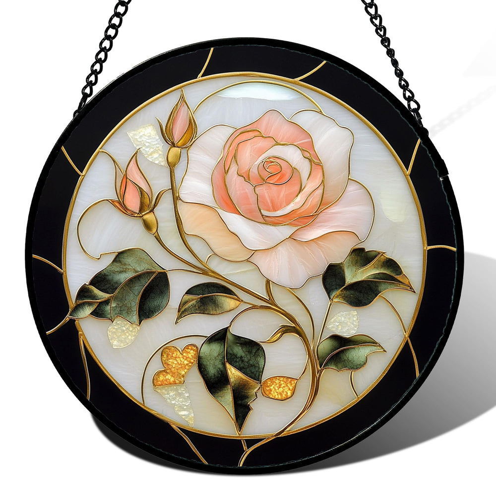 AMDERVEN Pink Rose Stained Glass Suncatcher front view