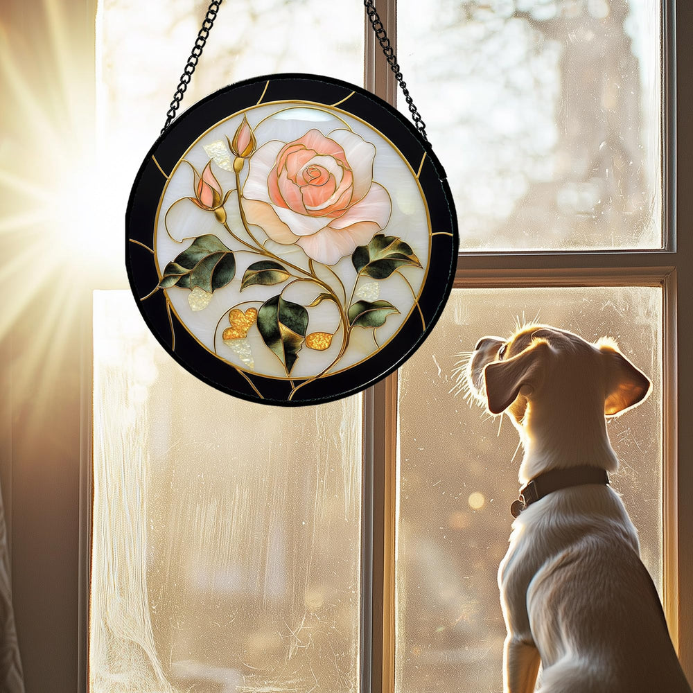 AMDERVEN Pink Rose Suncatcher hanging with sunlight