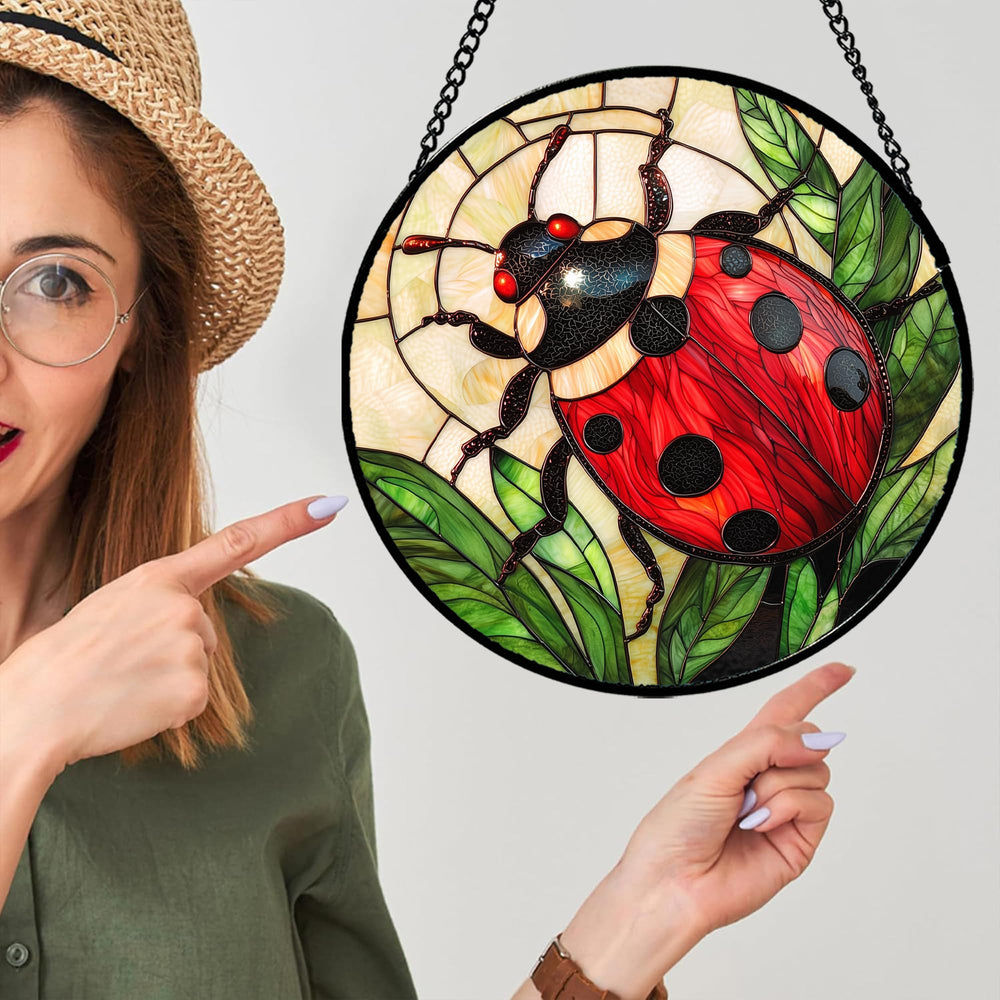 AMDERVEN Red Ladybug Suncatcher hanging in a window