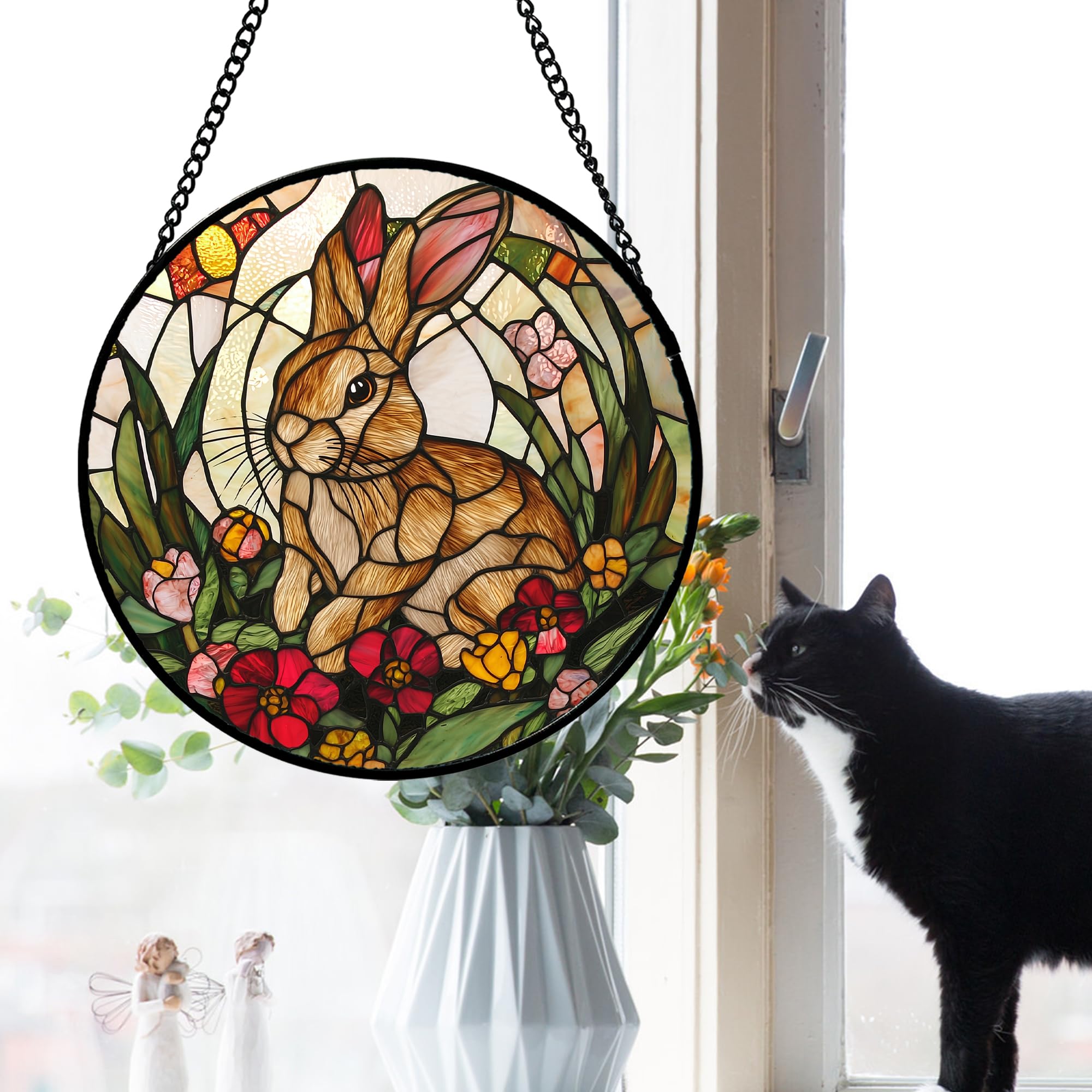 AMDERVEN Stained Glass Rabbit Suncatcher hanging in sunlight